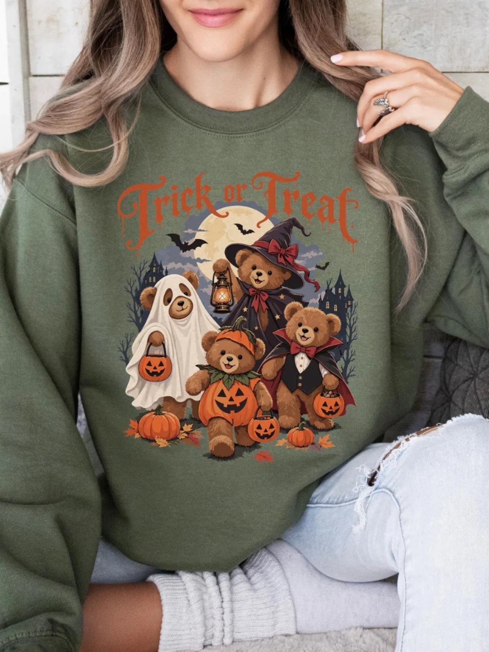 Military Green Halloween Bear Graphic Crewneck Sweatshirt